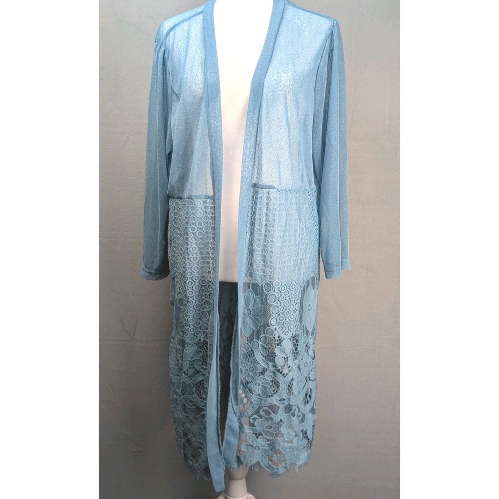 Forgotten Grace XL Blue Lace Duster Cardigan Long Open Front Boho Floral Sheer